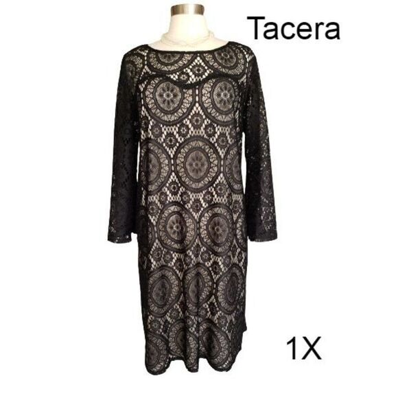 Women's Plus Black Stretch Sheer Lace 3/4 Sleeve Mid A-line Dress 1X NWOT - Picture 1 of 9